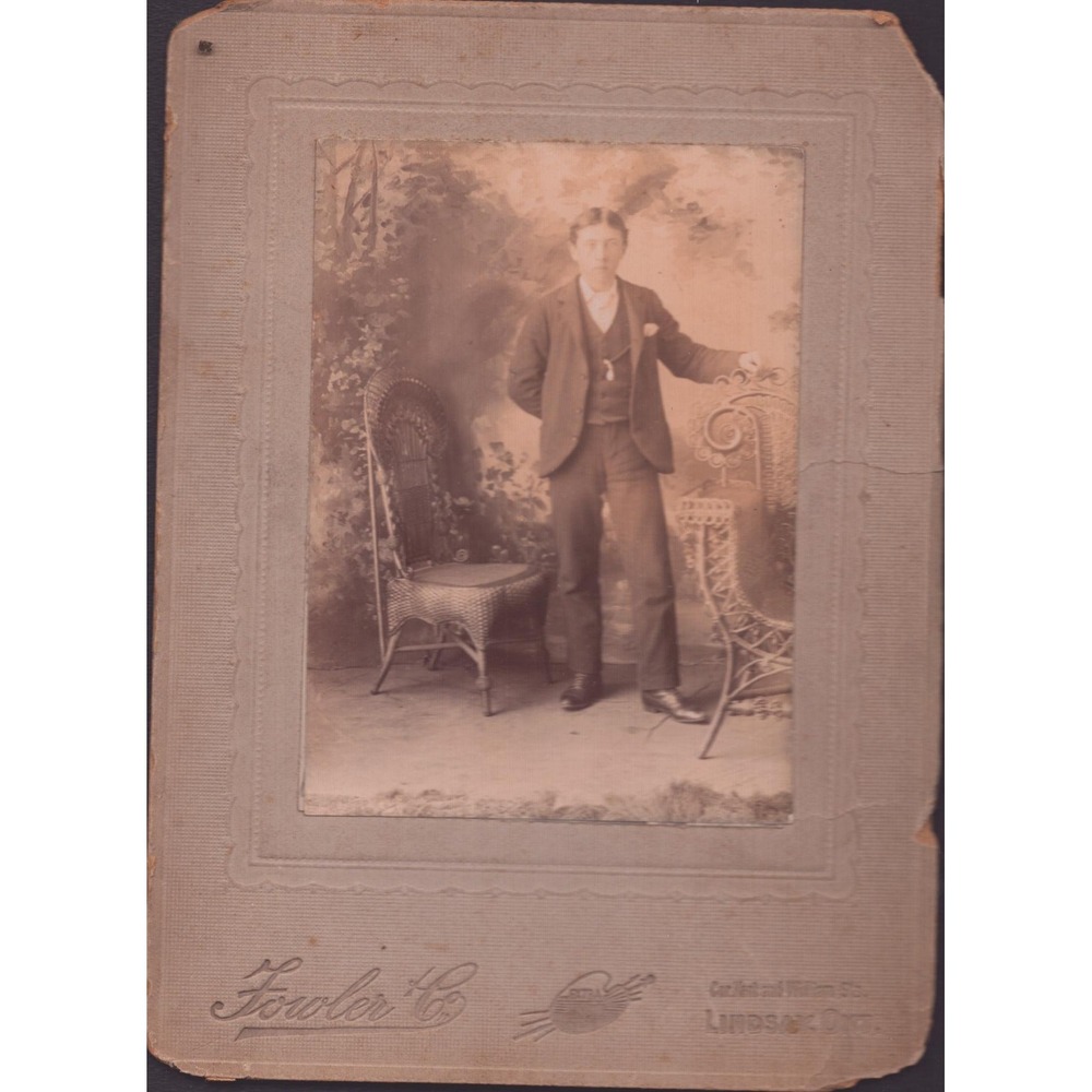 Antique Fowler Co Lindsay Ontario Cabinet Card Photo Man Wicker Furniture G
